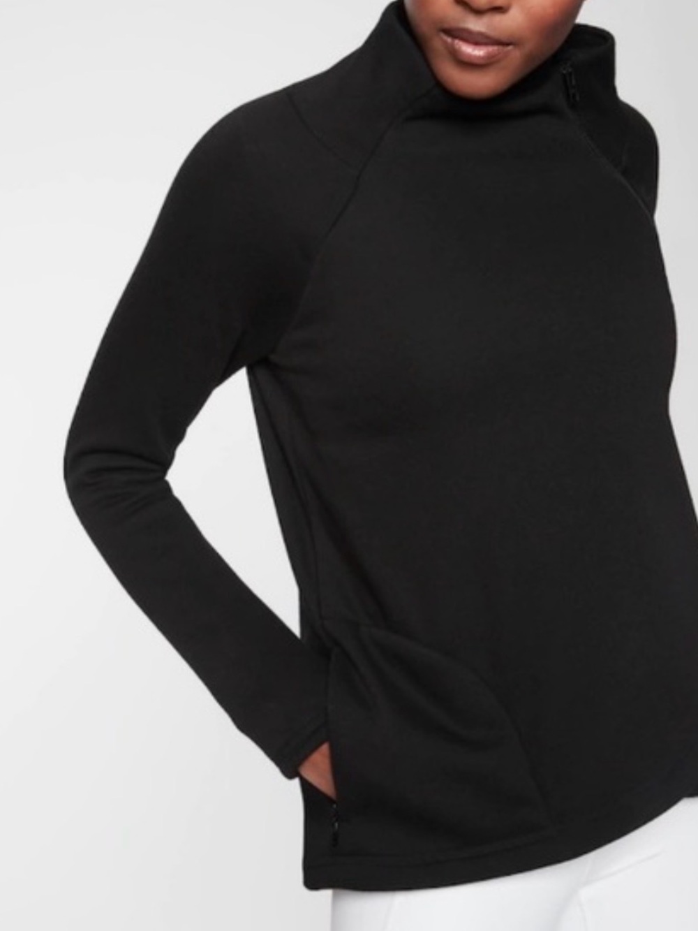 Athleta Black Fleece Pullover Crossover Mock Neck Sweatshirt Women’s Large Cozy